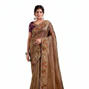 Exquisite Pure Banarasi Crush Brown Saree with Silk Handwork Blouse